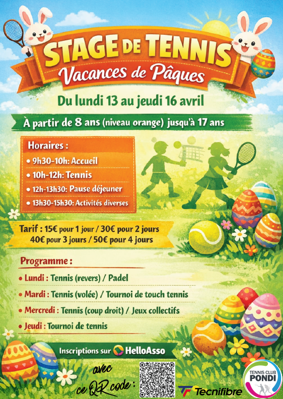 🎾 Stage Jeunes (8-17 ans) au TC Pondi pendant les vacances de Pâques