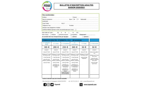Inscriptions Saison 2020/2021