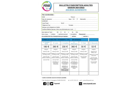 Fiches d'Inscription saison 2021/2022