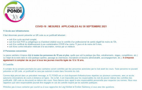 COVID-19 : MESURES  APPLICABLES AU 30 SEPTEMBRE 2021