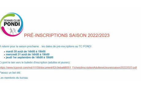 Pré-Inscriptions saison 2022/2023