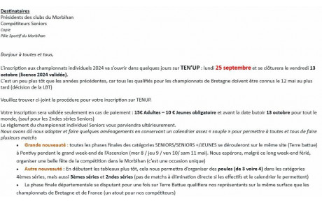 Inscription Championnat Individuel jusqu'au 13 octobre