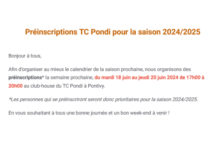Préinscription pour la saison 2024/2025